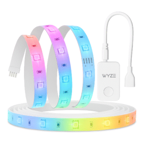 Coiled Wyze Light Strip Pro showing visible RGBIC LED segments and attached smart controller on a white background.